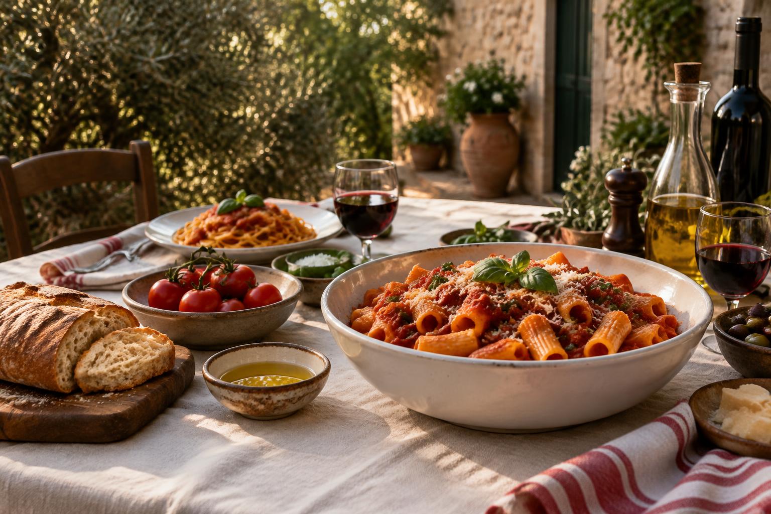 An Italian Sunday table with tomato rigatoni, bread, and wine